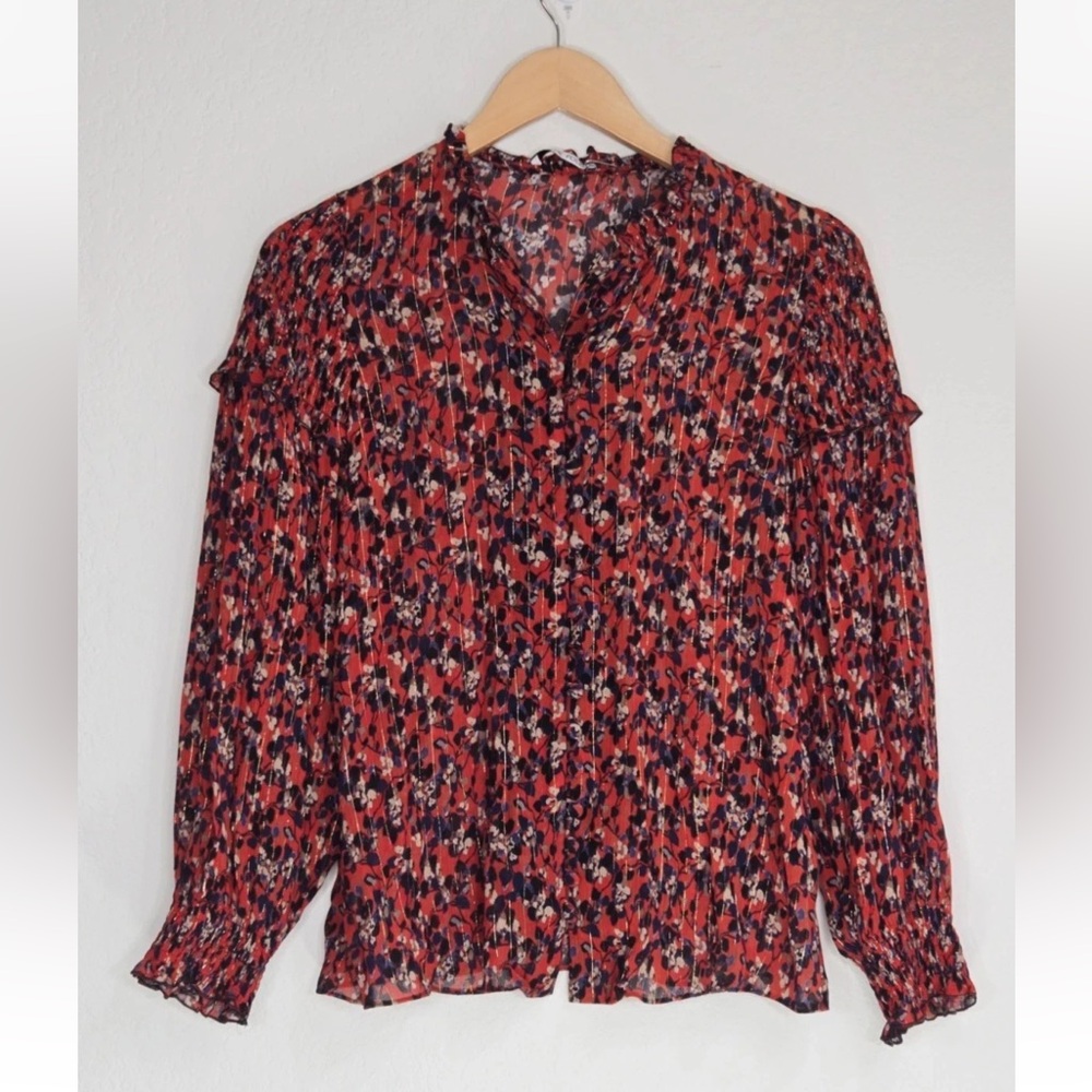 The Fold Blouse Red Floral Silk Blend UK 6/ US 2 Ruffled Shirt Top Womens